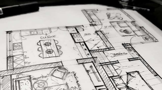 Croquis de plan d'aménagement dessiné à la main par Candice Mille